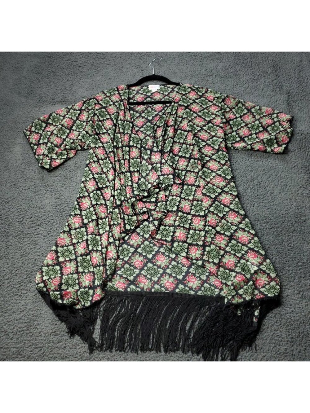 LulaRoe Monroe Kimono Womens S Small Cardigan Black Pink Fringe Multicolor y2K